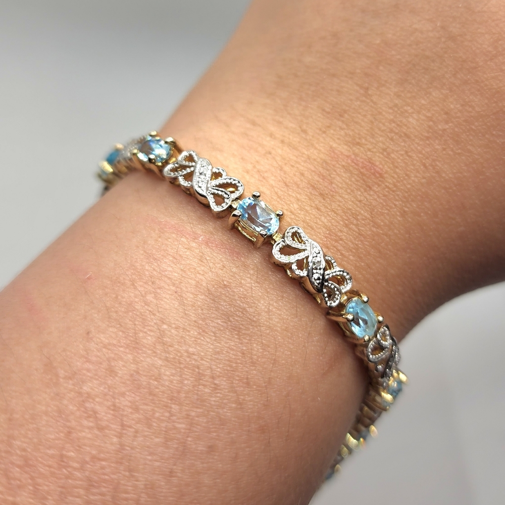 14k/Sterling Natural Blue Topaz & Diamond Tennis Bracelet